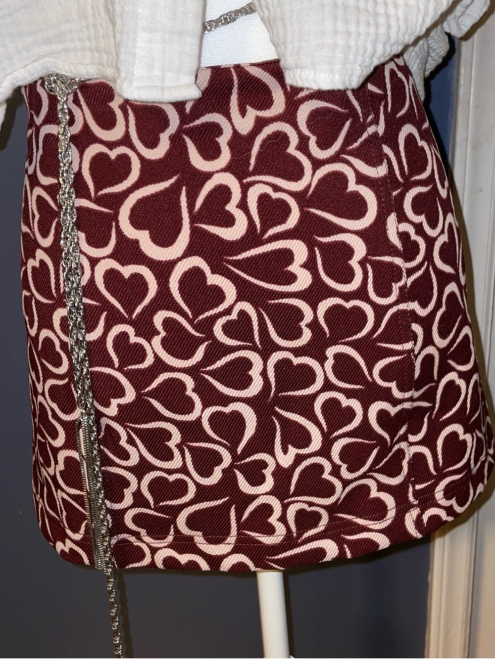 Urban Outfitters Maroon Mini Skirt with Light Pink Heart Print